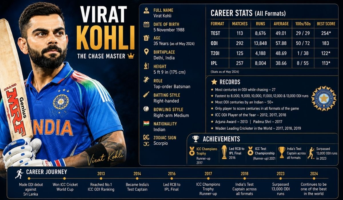 Virat Kohli Biography, Age, Wife, Records, Net Worth, Career Info & Stats